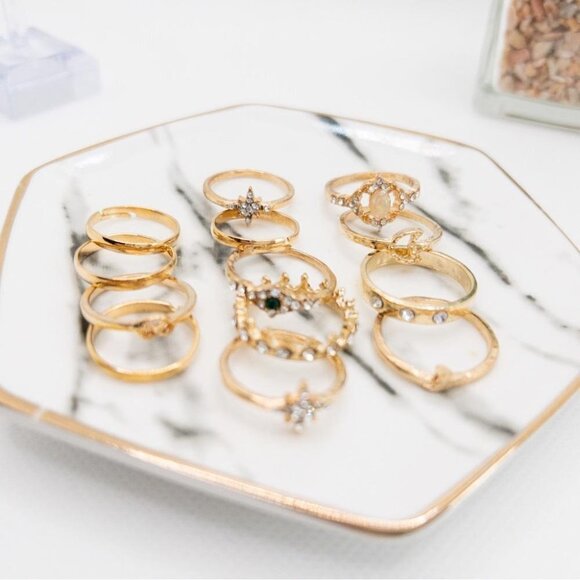 Bohemian Set of 13 Gold Tone Rings Unique Contemporary Festival Costume Moon - Picture 4 of 9